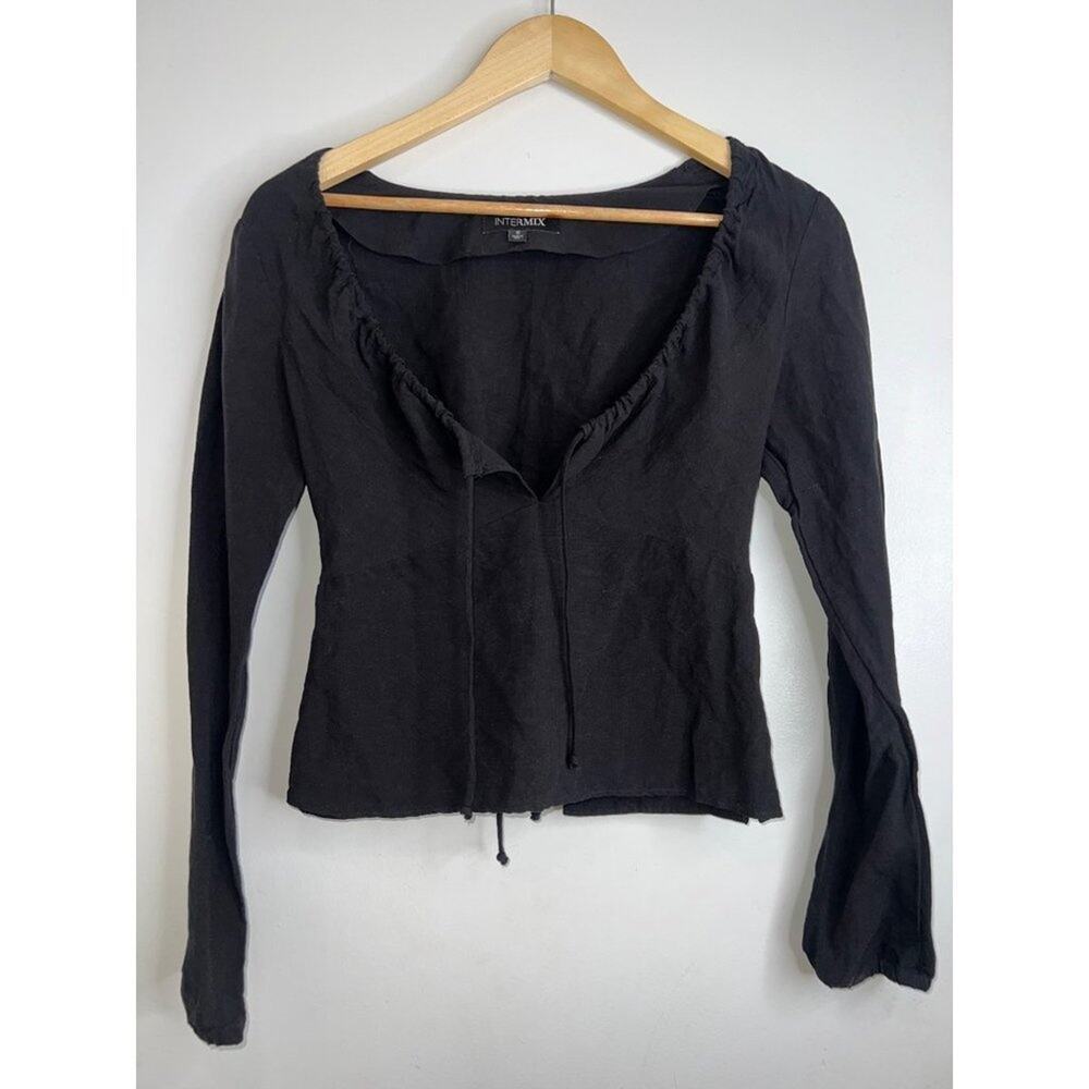 Intermix linen Lace Up Top black long sleeve shirt tie front blouse sz 6 MEDIUM - Picture 6 of 9